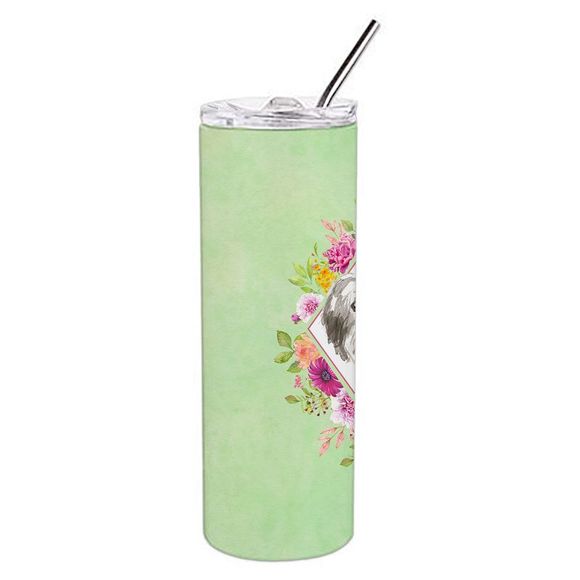 Shih Tzu Puppy Green Flowers Stainless Steel 20 oz Skinny Tumbler